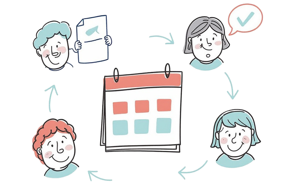 Kalender mit Personen drumherum - Flexible Einsatzmodelle für Werkstudierende