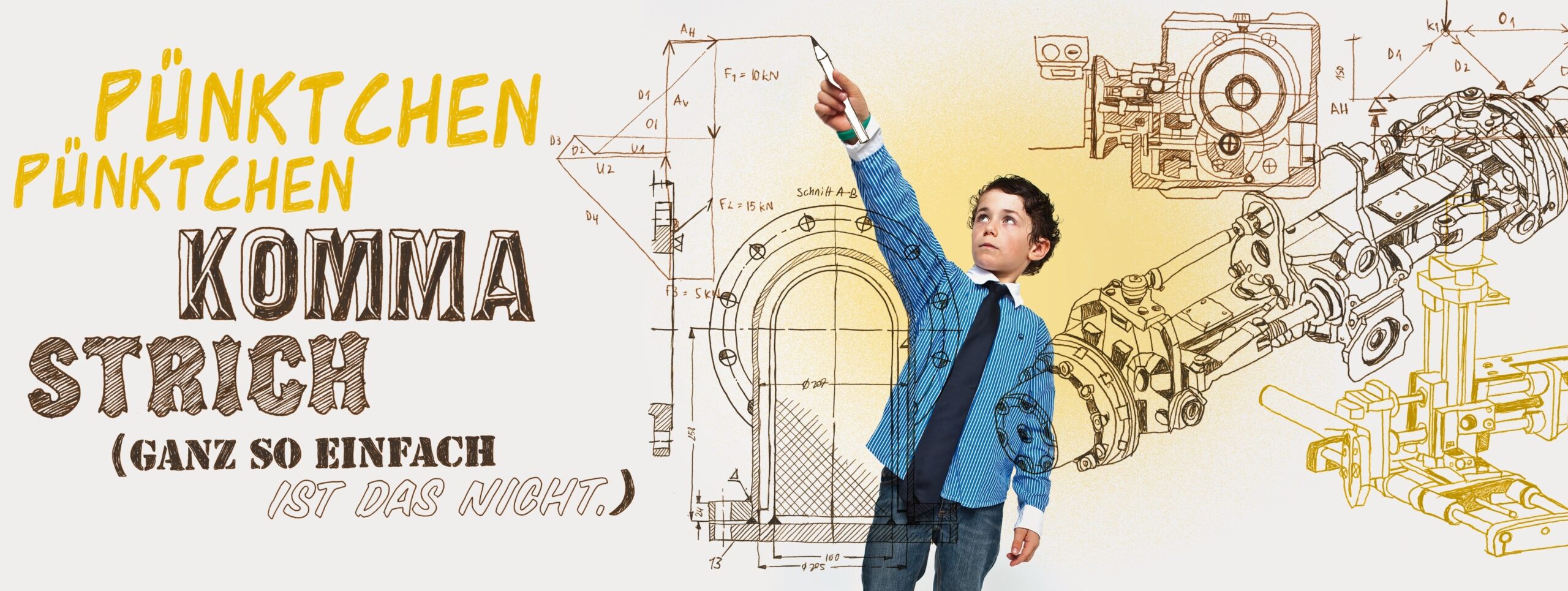 Kind zeigt auf technische Zeichnung vor Maschinenbau-Illustrationen - 3raum Campus Präzisions-Kampagne