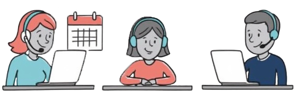 Drei Kundenservice-Mitarbeiter mit Laptops und Kalender - Telefonische Kundenbetreuung 24/7