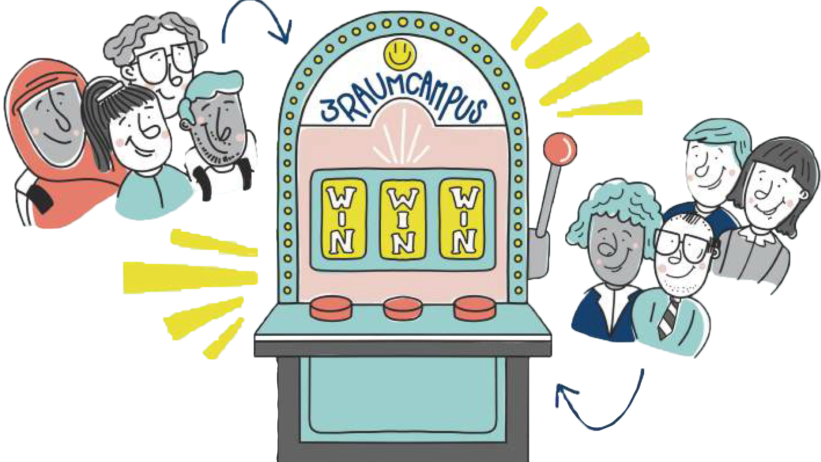 Spielautomat-Illustration mit jubelnden Kandidaten symbolisiert erfolgreiche Personalvermittlung bei 3raum Campus