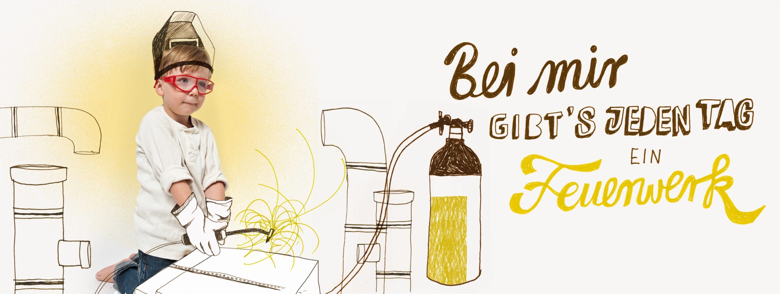 Kind im Laborkittel mit Reagenzglas vor Chemie-Labor-Illustration - 3raum Campus Feuerwerk-Kampagne