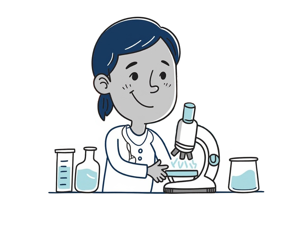 Clean-lined cartoon illustration in modern style. A smiling European biotechnology researcher with anatomically correct arms and detailed hands examining a test tube or microscope. Character has geometric features with clear expressions. Lab equipment incorporates #074c83 (navy blue) for liquids and #f47f70 (coral red) for accents. Pastel background with sharp edges. All lines crisp with natural skin tone and warm expression. Simplified molecular structures as decorative elements. No dialogue boxes or text included.