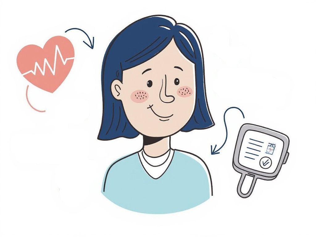 Clean-lined cartoon illustration in pastel colors. A smiling European healthcare professional with anatomically correct arms and expressive hands holding a digital health device. Character has geometric features in contemporary cartoon style. Medical equipment incorporates #074c83 (navy blue) elements with #f47f70 (coral red) accents. Sharp edges and precise details. Character has warm expression with clear facial features and natural skin tone. No dialogue boxes or text included.