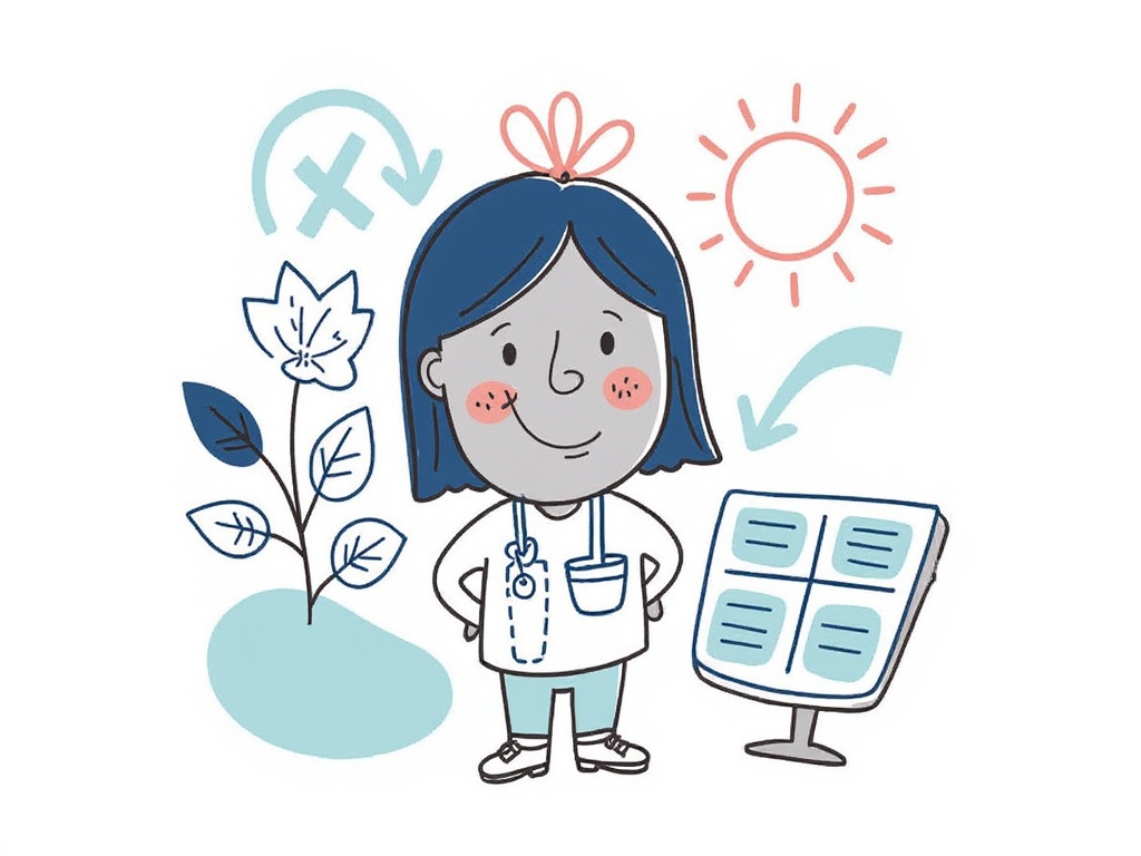 Hand-drawn cartoon illustration with precise lines. A cheerful European environmental specialist with well-defined arms and detailed hands holding a plant or sustainable object. Character has clean, geometric features. Environmental elements use shades of #074c83 (navy blue), with #f47f70 (coral red) highlights in clothing. All lines sharp with no blurring. Character has friendly expression and natural skin tone in a simplified natural setting. No speech bubbles or textual elements.